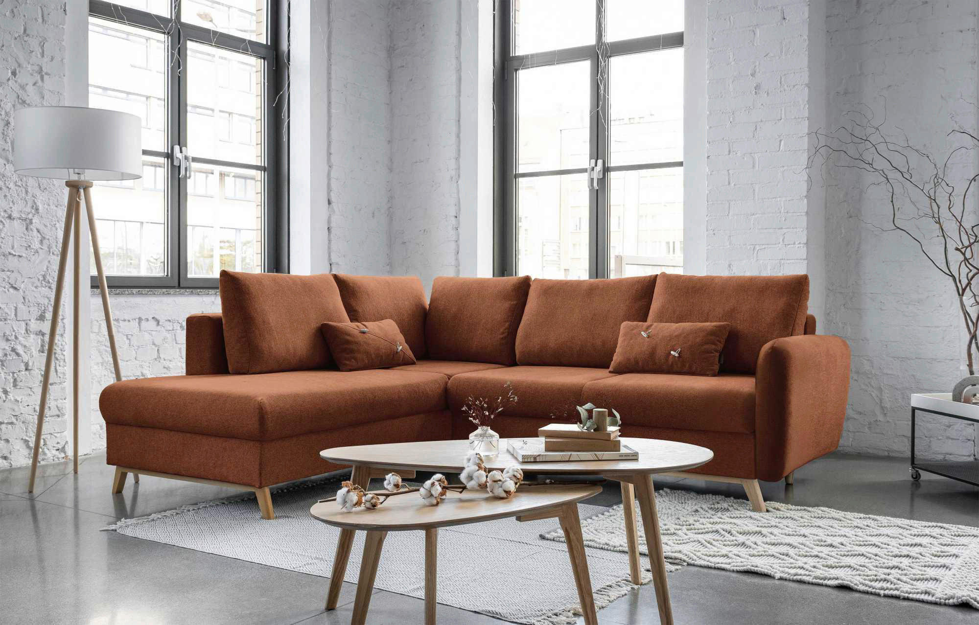 Colțar, textil, teracotă, 202/242 cm - teracotă/culoare natur, lemn/textil (202/242cm) - MID.YOU