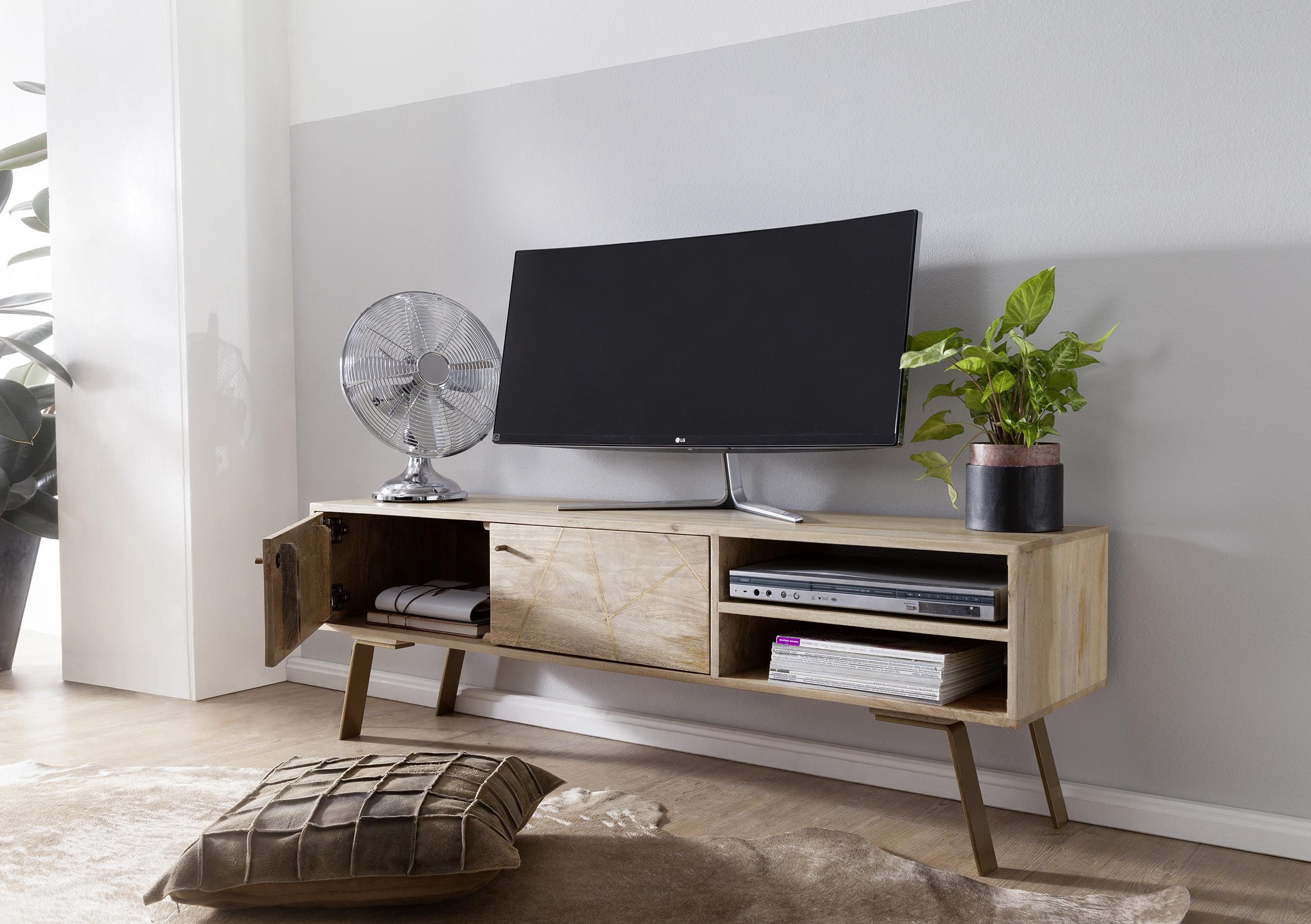 Thumbnail - Mid.you Lowboard, Gold, Braun, Holz, Mangoholz, massiv, 1 Fächer, 145x47x35 cm, stehend, Wohnzimmer, Wohnwände, Lowboard...