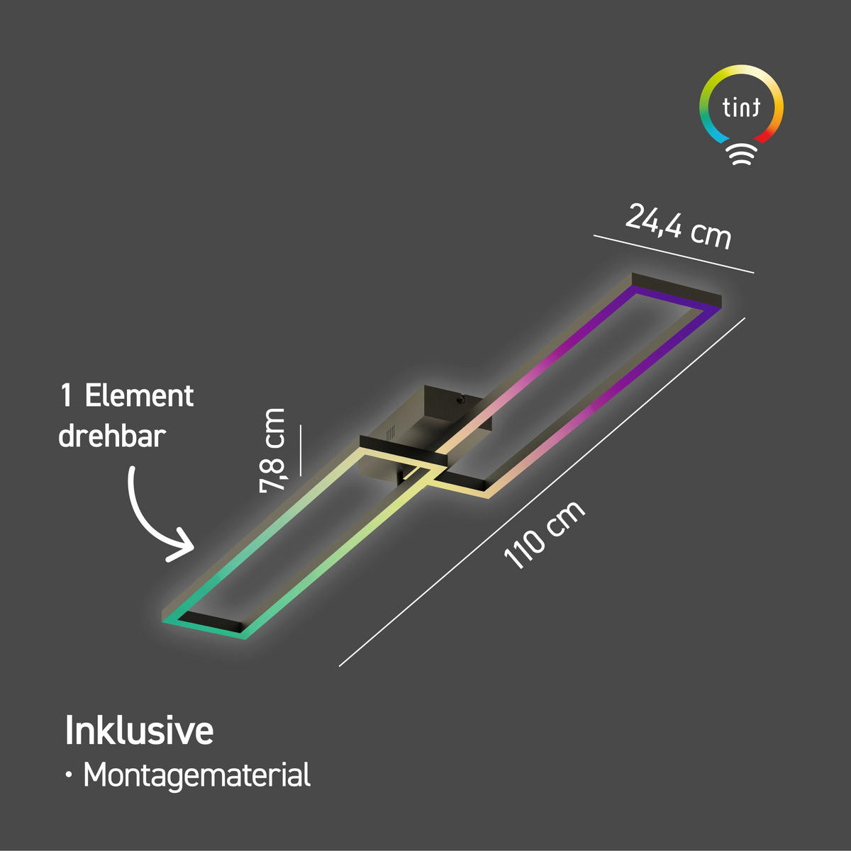 LED-DECKENLEUCHTE  Smart 24,4/7,8/110 cm   - Schwarz, Design, Metall (24,4/7,8/110cm) - Tint