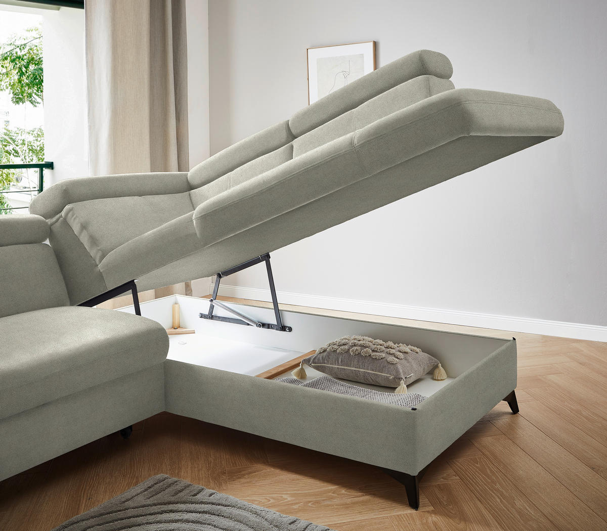 ECKSOFA in Webstoff Hellgrau  - Hellgrau/Schwarz, Design, Textil/Metall (260/203cm) - Stylife