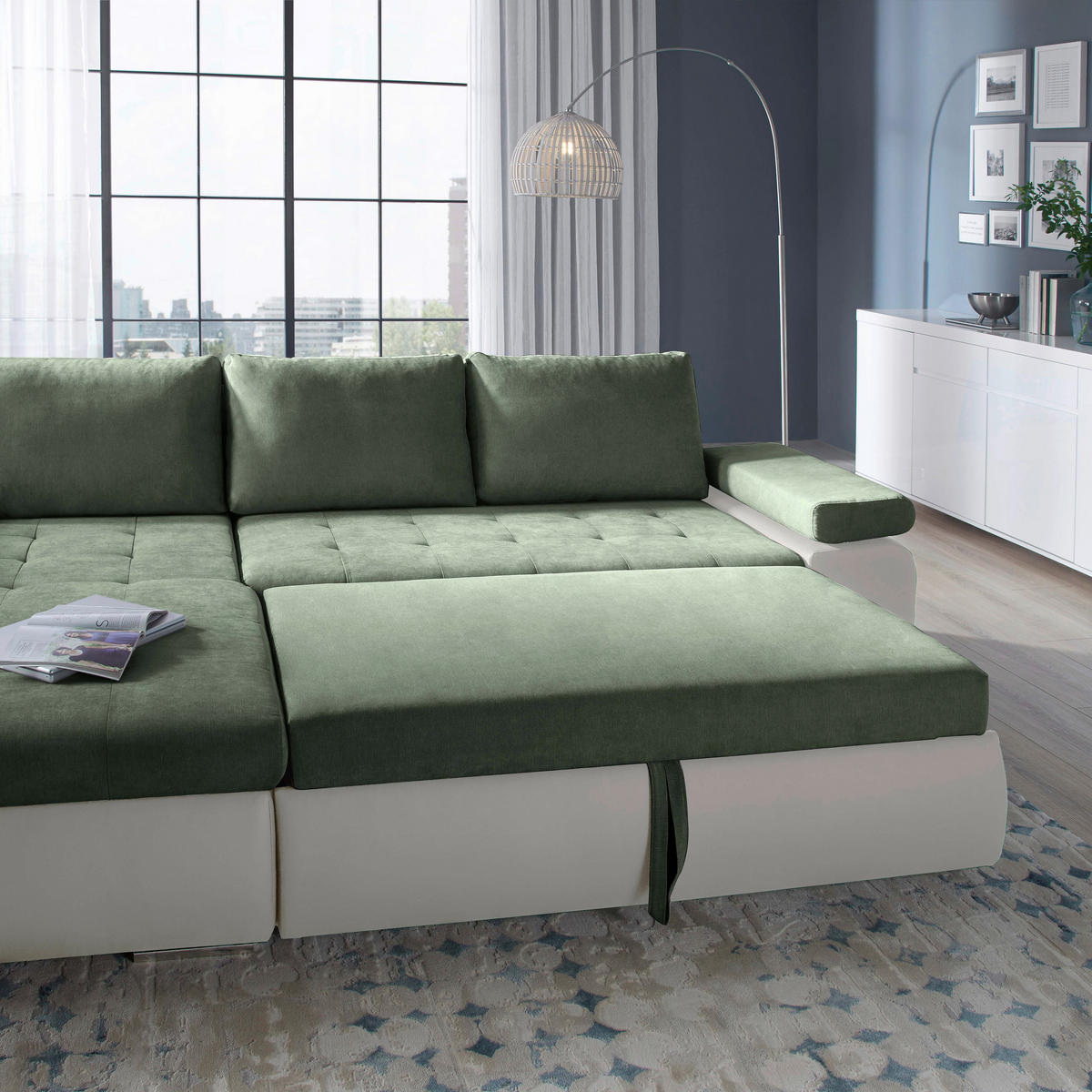 ECKSOFA Weiß, Olivgrün Flachgewebe  - Weiß/Olivgrün, Design, Kunststoff/Textil (175/271cm) - MID.YOU