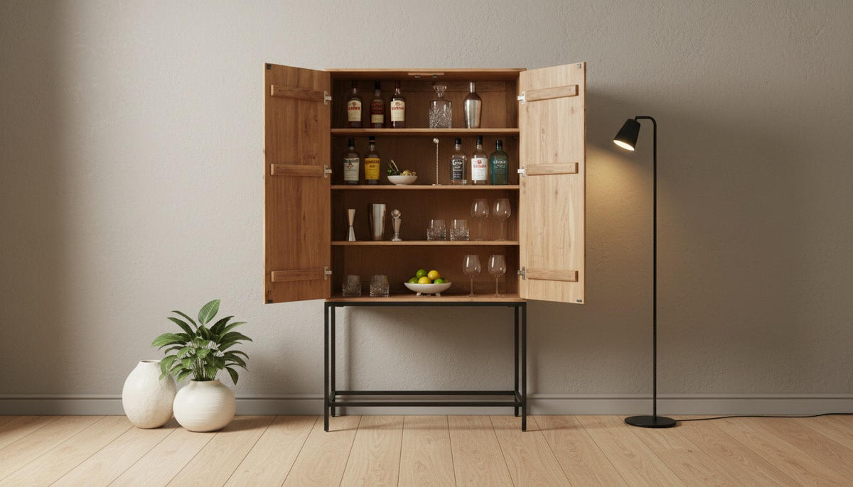 BARSCHRANK Akazie vollmassiv Schwarz, Akaziefarben  - Schwarz/Akaziefarben, Trend, Holz/Metall (90/160/42cm) - Landscape
