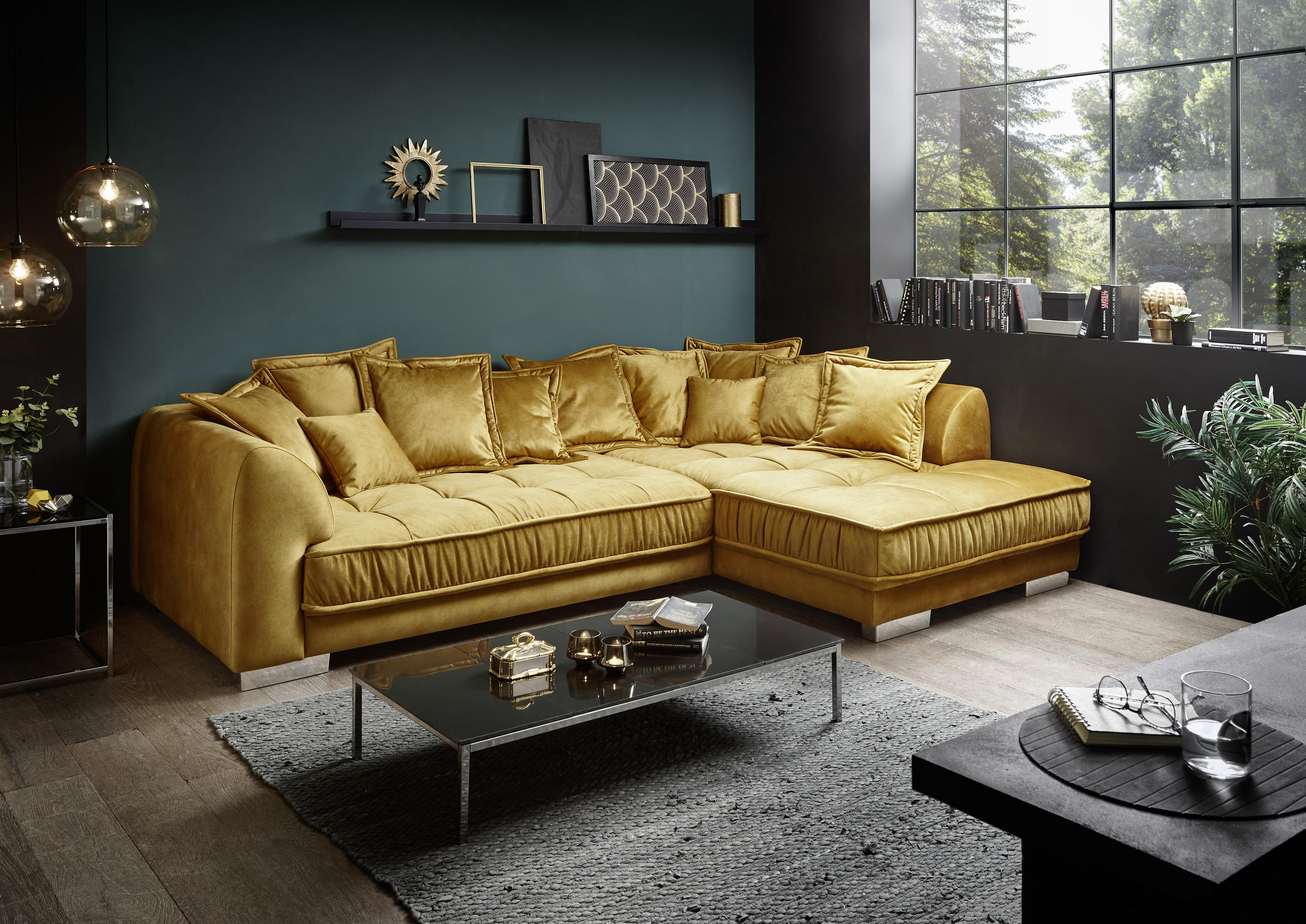 ECKSOFA in Mikrovelours Goldfarben - Silberfarben/Goldfarben, Basics, Holzwerkstoff/Kunststoff (194/308cm) - MID.YOU