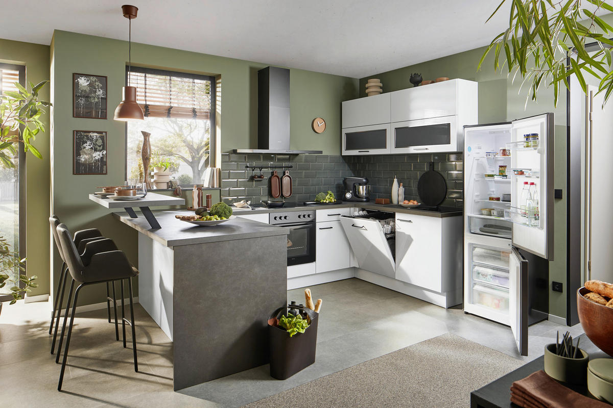 ECKKÜCHE  in Dunkelgrau, Weiß Hochglanz  - Dunkelgrau/Weiß Hochglanz, Basics, Glas/Holzwerkstoff (186,6/315/185cm) - Venda