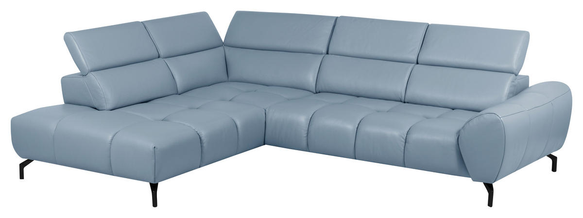 ECKSOFA AERO Graublau Echtleder Kopfteilverstellung, Rücken echt  - Graublau/Schwarz, MODERN, Leder/Metall (294/224cm) - Celina Home