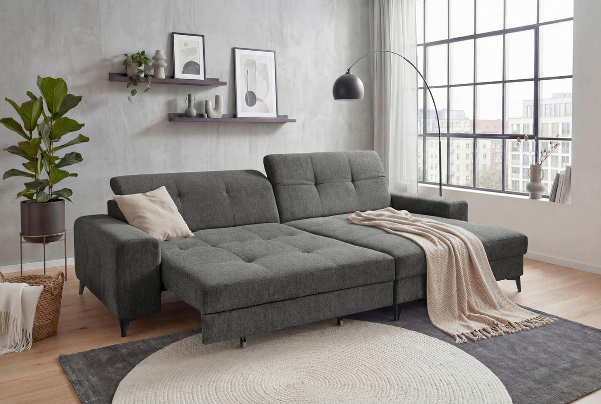 ECKSOFA SORELLA Graphitfarben Chenille Kopfteilverstellung, Sitztiefenverstellung  - Schwarz/Graphitfarben, Design, Kunststoff/Textil (328/182cm) - MID.YOU