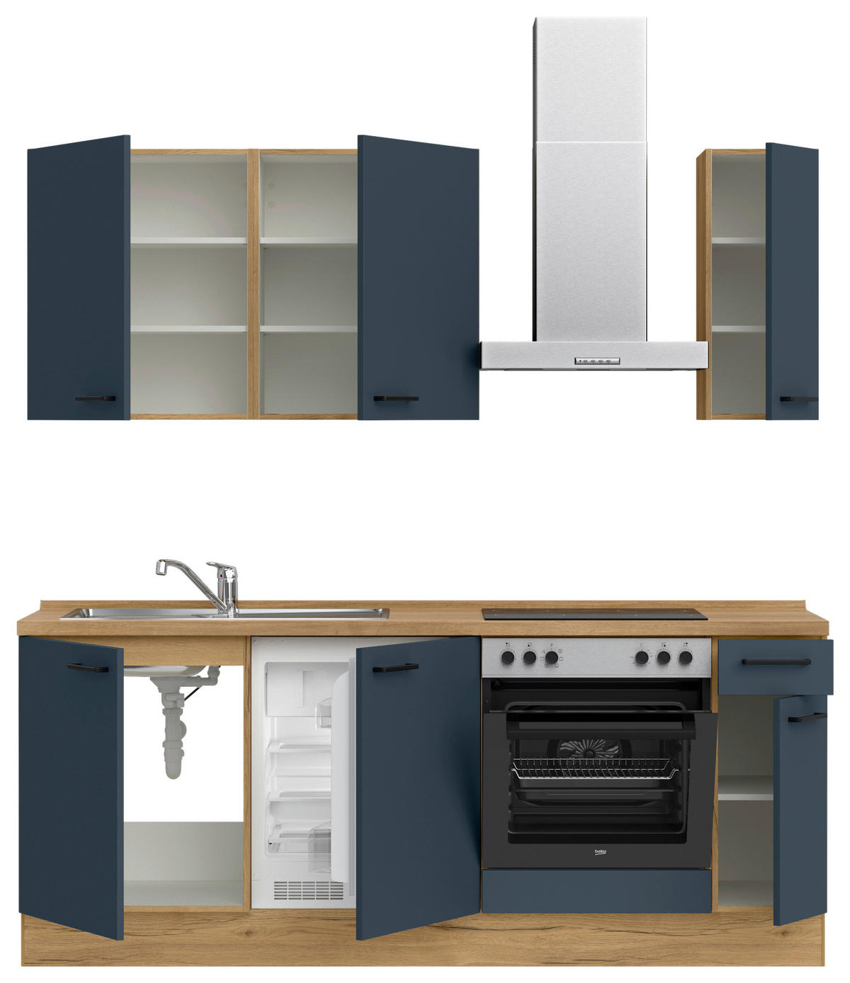 KÜCHENBLOCK 210 cm   in Eichefarben, Dunkelblau  - Eichefarben/Schwarz, MODERN, Holzwerkstoff/Metall (210cm) - Nobilia