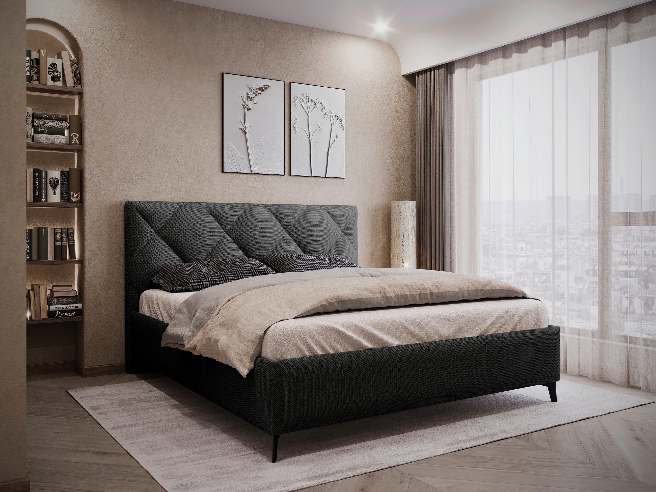 POLSTERBETT 180/200 cm,  in Schwarz, gepolstertes Kopfteil, Lattenrost, Bettkasten,  - Schwarz/Bronzefarben, Modern, Holz/Textil (180/200cm) - Boxxx