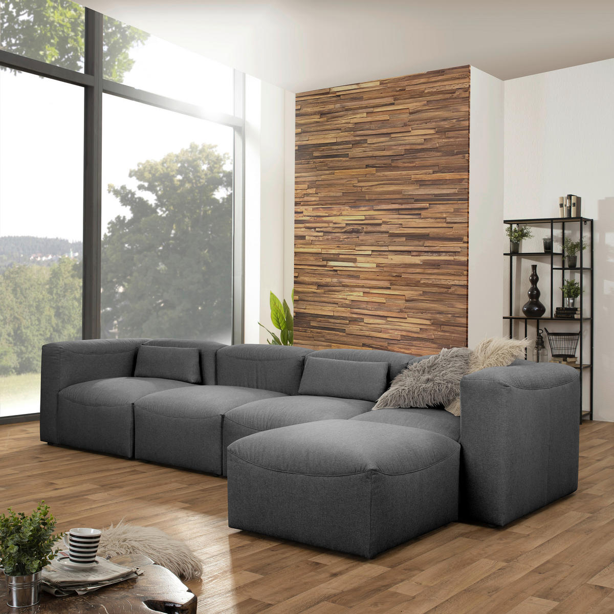 ECKSOFA LENA Anthrazit Flachgewebe  - Anthrazit, Design, Kunststoff/Textil (350/175cm) - Max Winzer