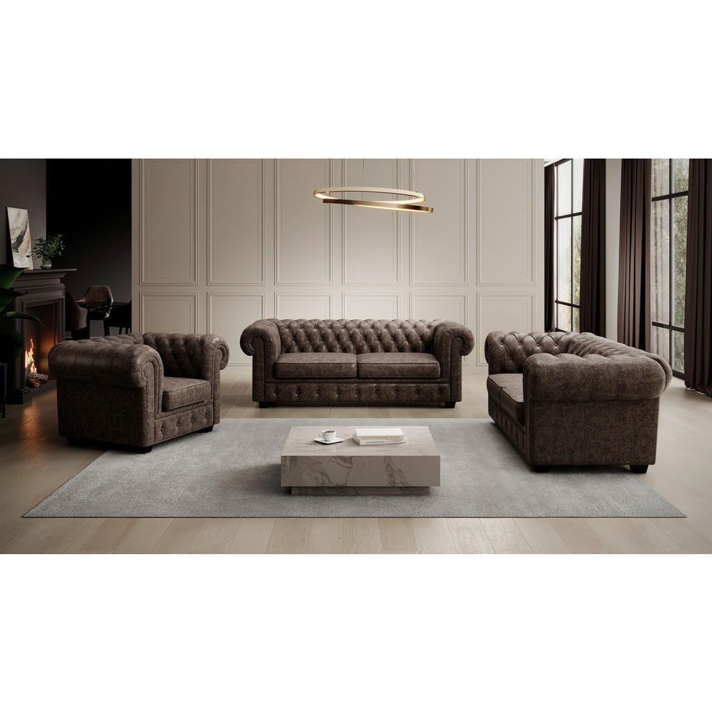 Thumbnail - Landscape Chesterfield-Sofa, Dunkelbraun, Leder, Echtleder, Nubukleder, Kiefer, vollmassiv, Vintage, 3-Sitzer, Füllung: ...