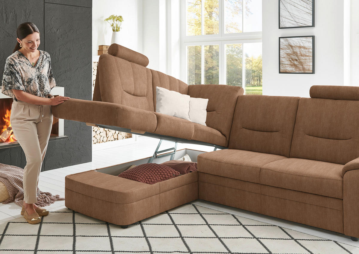 ECKSOFA Chenille Rostfarben  - Rostfarben/Schwarz, Konventionell, Kunststoff/Textil (185/235cm) - Beldomo Comfort