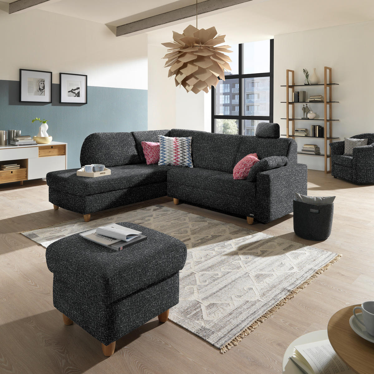 ECKSOFA  in Mikrovelours Anthrazit  208/227 cm  - Eichefarben/Anthrazit, KONVENTIONELL, Holz/Textil (208/227cm) - Sedda