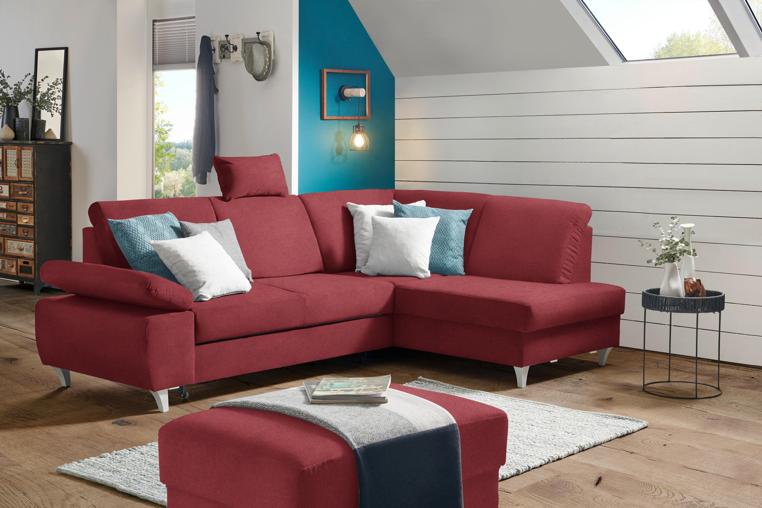 ECKSOFA in Flachgewebe Rot  - Silberfarben/Rot, Konventionell, Holz/Textil (255/186cm) - Cantus