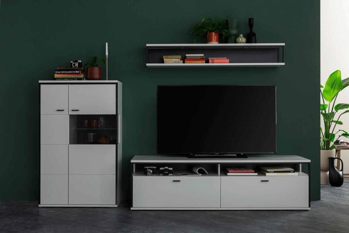 WOHNWAND  in Schwarz, Weiss 278/199/51 cm  - Weiss/Schwarz, Design, Glas/Holzwerkstoff (278/199/51cm) - Stylife