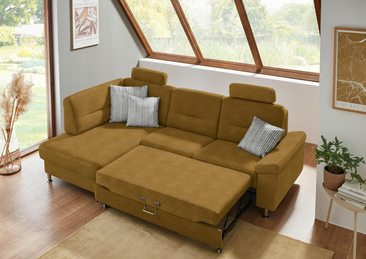 ECKSOFA Flachgewebe Currygelb  - Currygelb/Alufarben, Konventionell, Textil/Metall (160/244cm) - Beldomo Comfort
