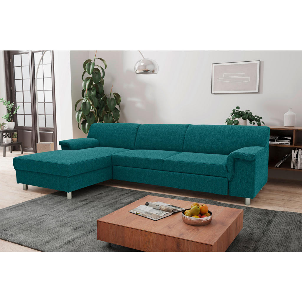 Thumbnail - Mid.you Ecksofa, Petrol, Textil, Uni, 3-Sitzer, L-Form, 252x150 cm, Made in EU, Schlafen auf Sitzhöhe, Rücken echt, Armt...
