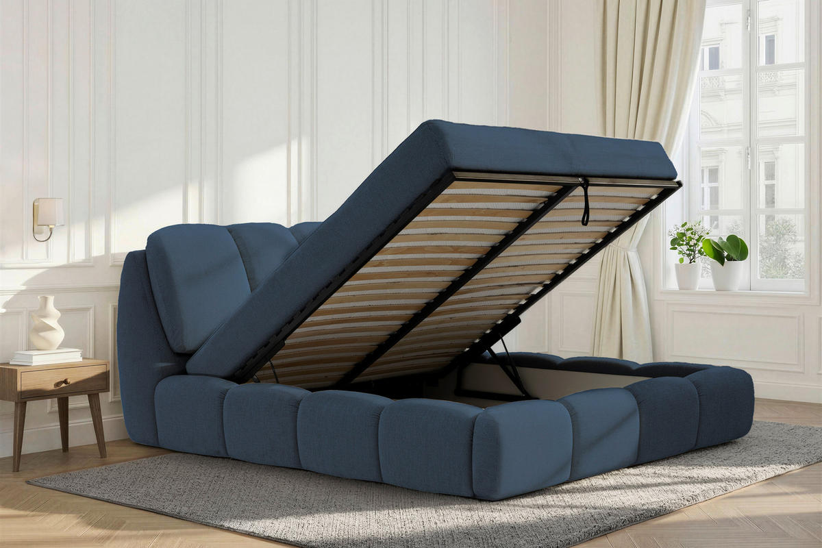 POLSTERBETT 140/200 cm,  in Blau, gepolstertes Kopfteil, Lattenrost, Bettkasten,  - Blau/Schwarz, Design, Holz/Kunststoff (140/200cm) - Chameo