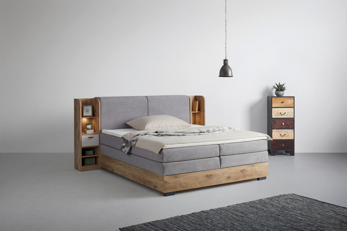 POSTELJA BOXSPRING 180 cm   x 200 cm  , leseni material barve hrasta, svetlo siva  - barve hrasta/barve grafita, Trendi, umetna masa/tekstil (180/200cm) - Xora