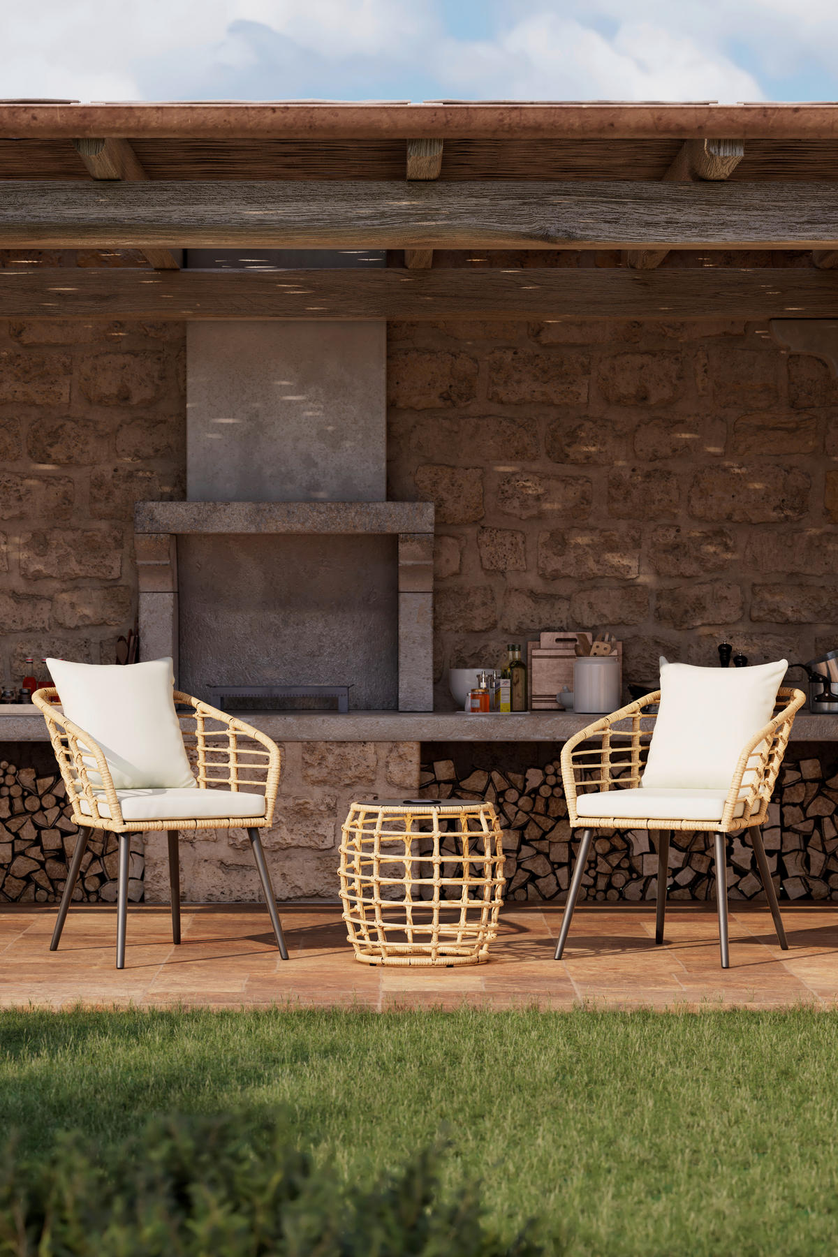 SADA NA BALKON 3dílné,  - černá/přírodní barvy, Moderní, kov/textil (56/72/66cm) - Beldano