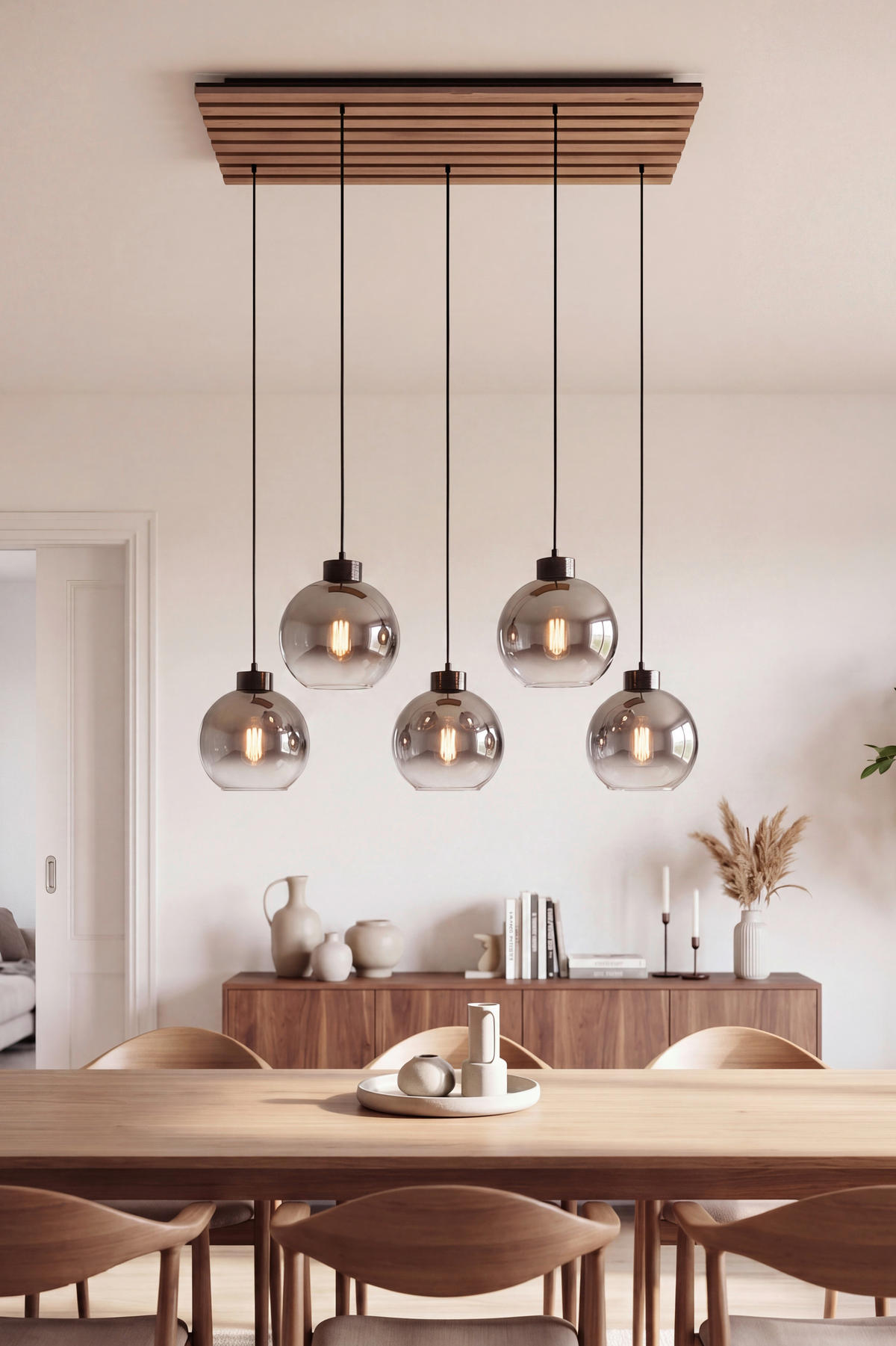 FÜGGŐLÁMPA 82/34/120 cm  - krómszínű/tölgyfa színű, Natur, műanyag/faalapú anyag (82/34/120cm) - Novel