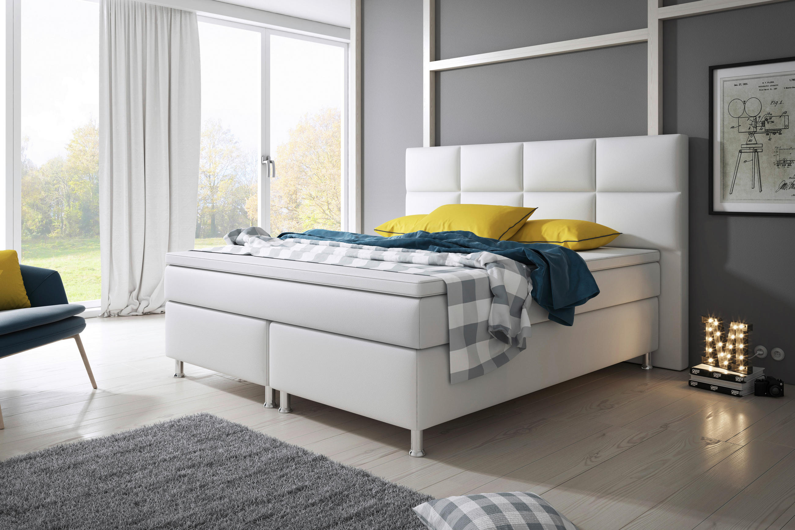 Boxspringbett mit Topper /  in Weiß  - Silberfarben/Weiß, KONVENTIONELL, Leder/Textil (200/125/210cm) - MID.YOU