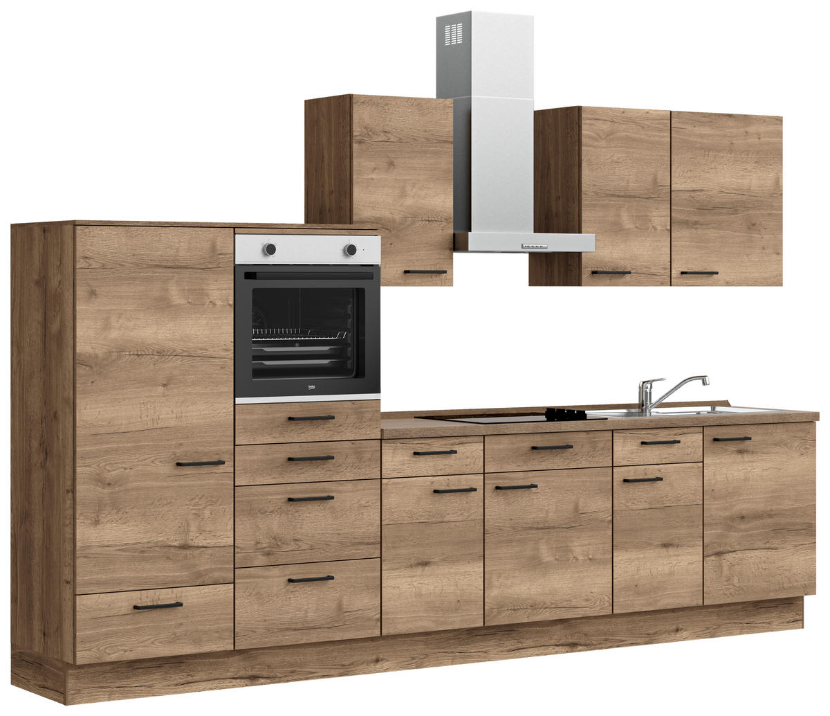 KÜCHENBLOCK 330 cm   in Eiche dunkel  - Eiche dunkel/Eichefarben, MODERN, Holzwerkstoff/Metall (330cm) - Nobilia