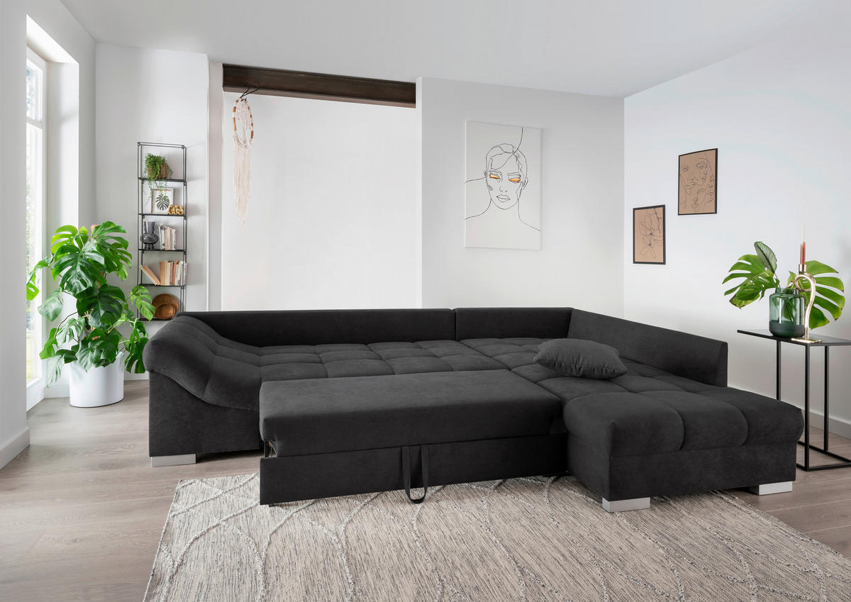 ECKSCHLAFSOFA in Mikrofaser Schwarz  - Silberfarben/Schwarz, Design, Holz/Textil (298/202cm) - MID.YOU