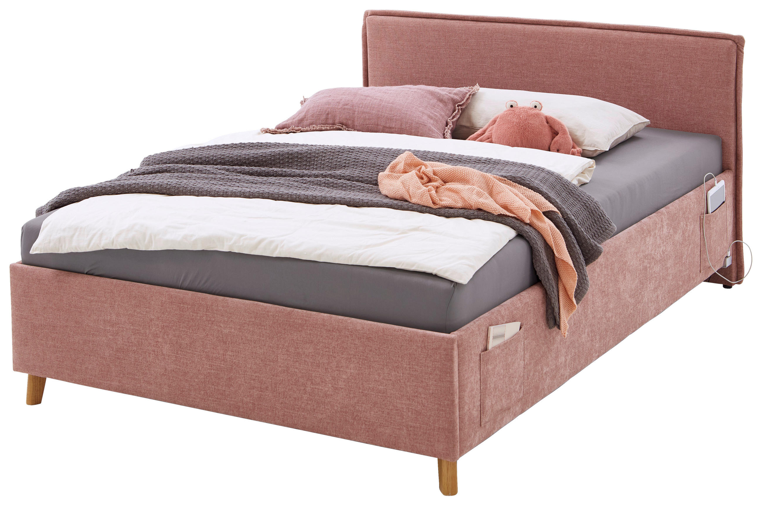 POLSTERBETT 120/200 cm  in Rosa  - Eichefarben/Rosa, KONVENTIONELL, Holz/Textil (120/200cm) - Stylife
