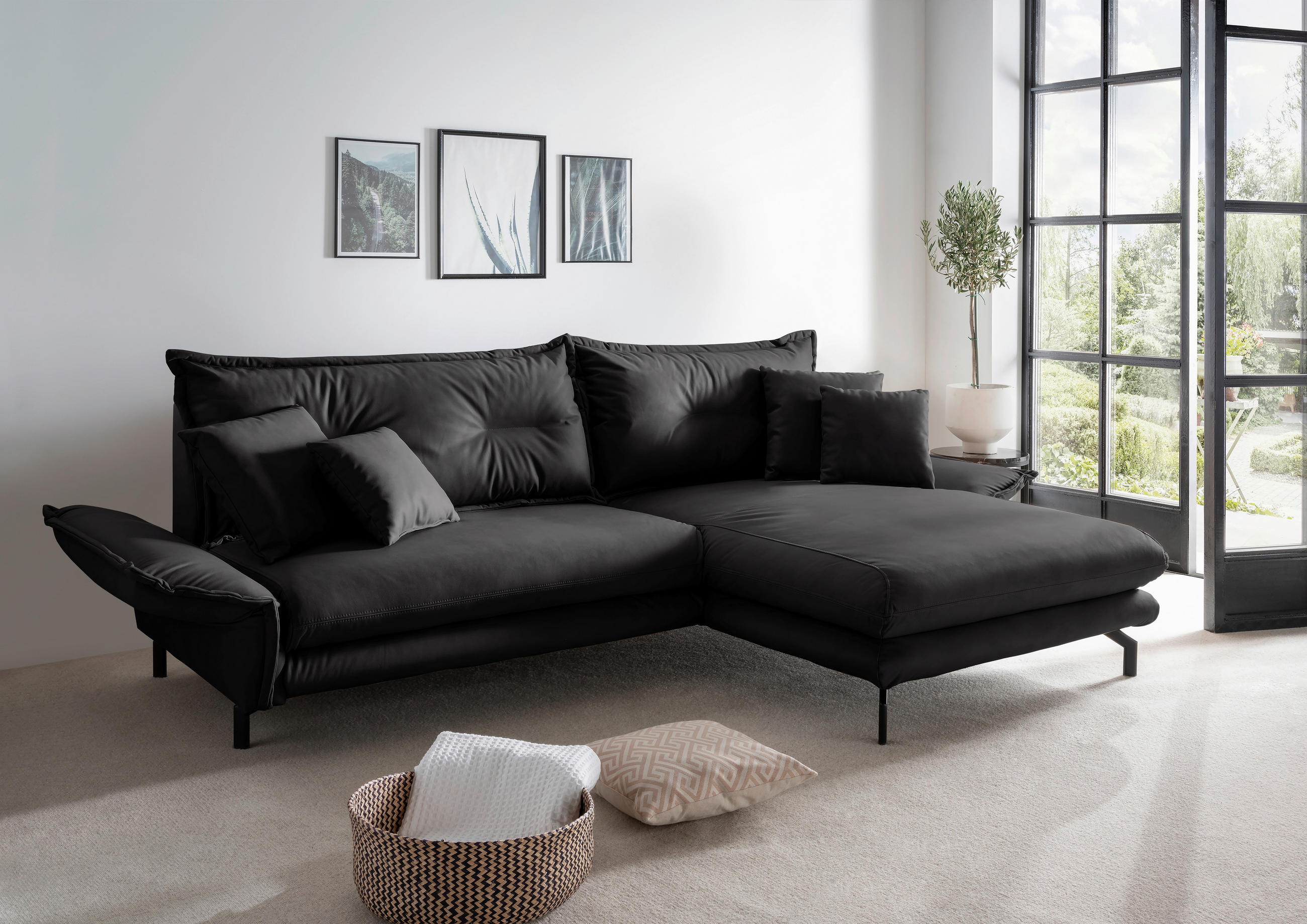 ECKSOFA in Lederlook Schwarz  - Schwarz, Modern, Textil/Metall (255/180cm) - Livetastic
