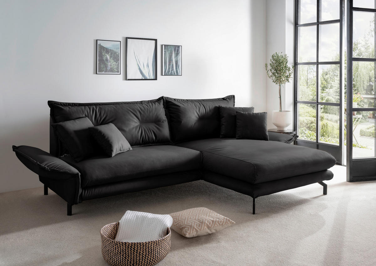 ECKSOFA in Lederlook Schwarz  - Schwarz, Modern, Textil/Metall (255/180cm) - Livetastic