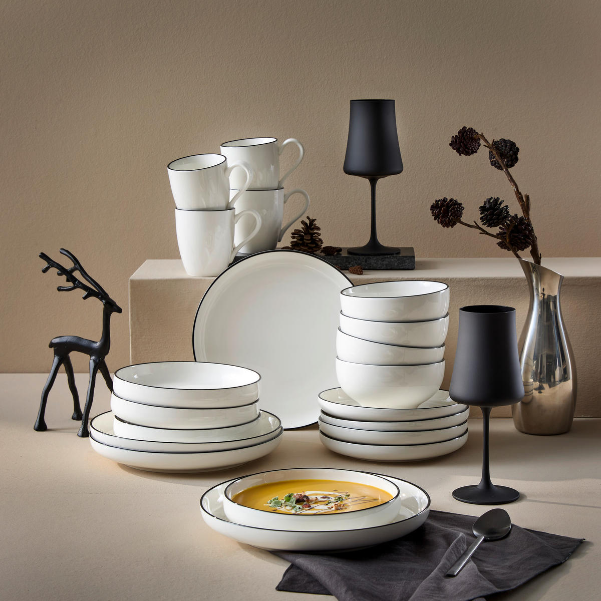 KOMBISERVICE Schwarz, Weiß Oslo 20-teilig 4 Personen  - Schwarz/Weiß, Design, Keramik - Novel