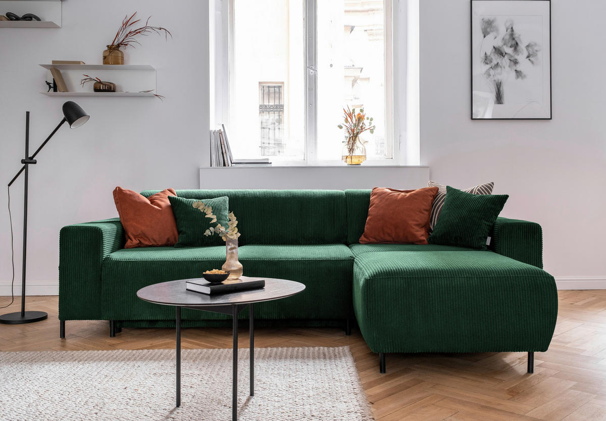 ECKSOFA Dunkelgrün Cord  - Dunkelgrün/Schwarz, Textil/Metall (260/165cm) - MID.YOU