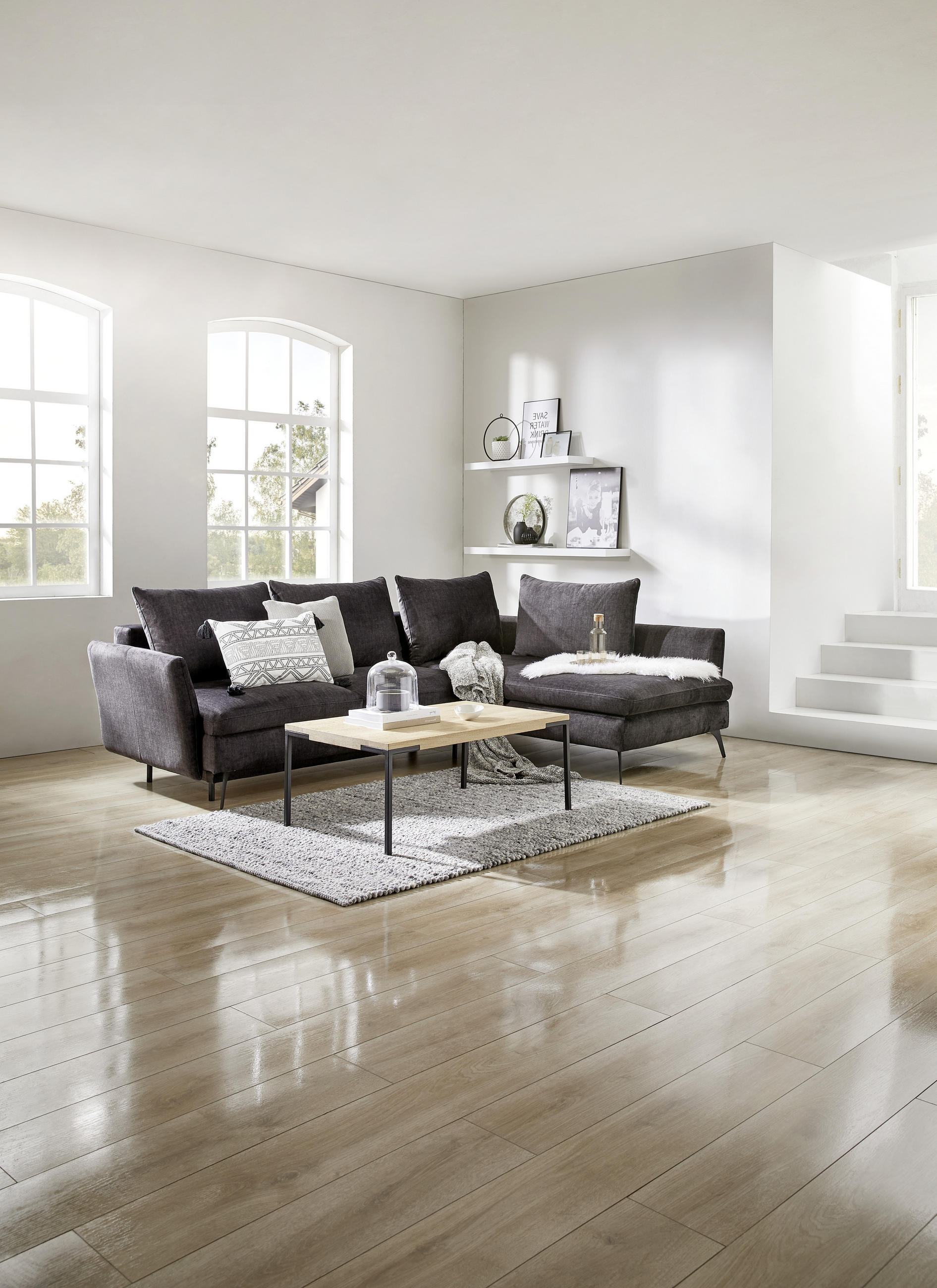 ECKSOFA in Flachgewebe Dunkelgrau  - Dunkelgrau/Schwarz, Design, Textil/Metall (282/182cm) - Stylife