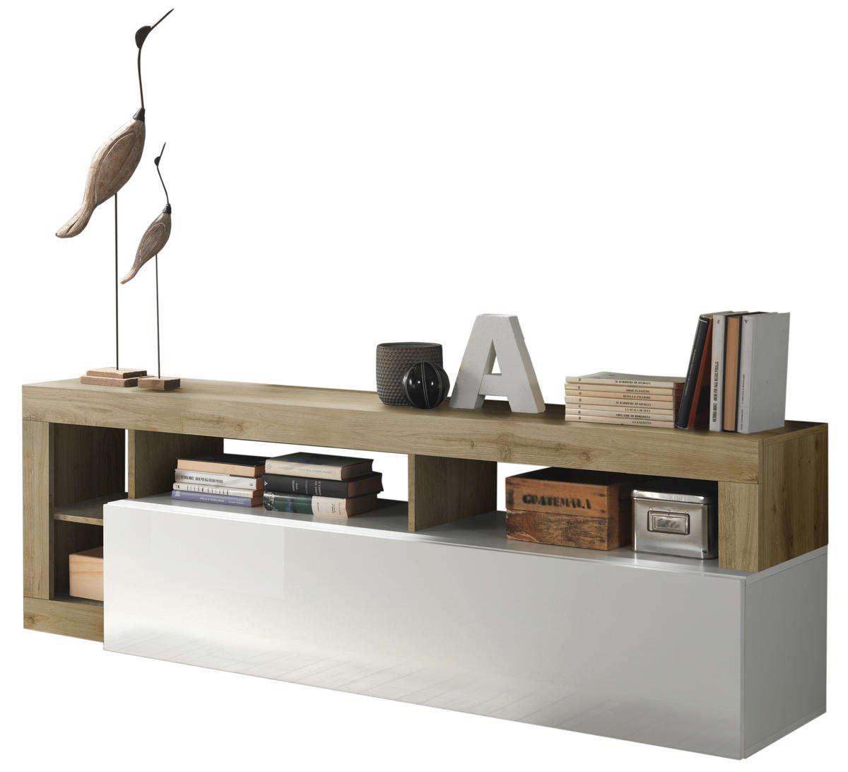 TV DIEL, farba duba, biela s vysokým leskom, 184/58/42 cm - biela s vysokým leskom/farba duba, Modern, kompozitné drevo (184/58/42cm) - Carryhome