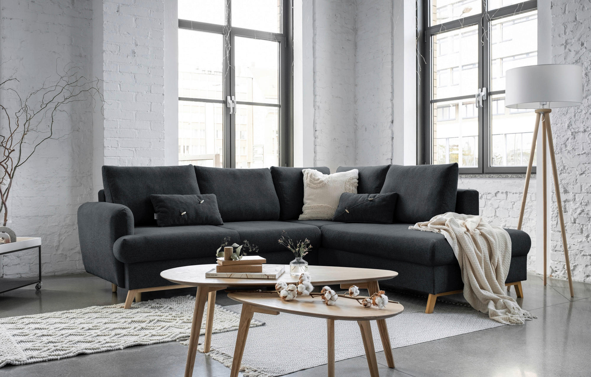 ECKSOFA in Chenille Dunkelgrau  - Dunkelgrau/Naturfarben, Holz/Textil (242/202cm) - MID.YOU