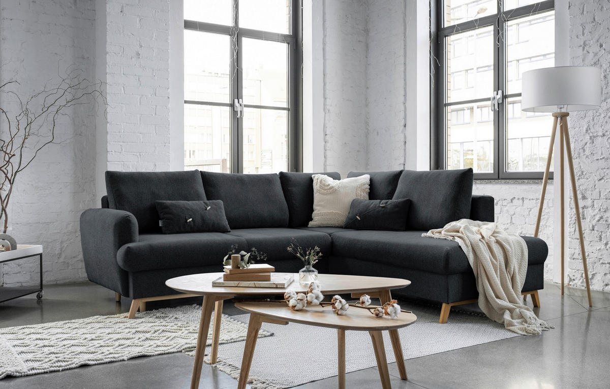 ECKSOFA in Chenille Dunkelgrau  242/202 cm  - Dunkelgrau/Naturfarben, Holz/Textil (242/202cm) - MID.YOU