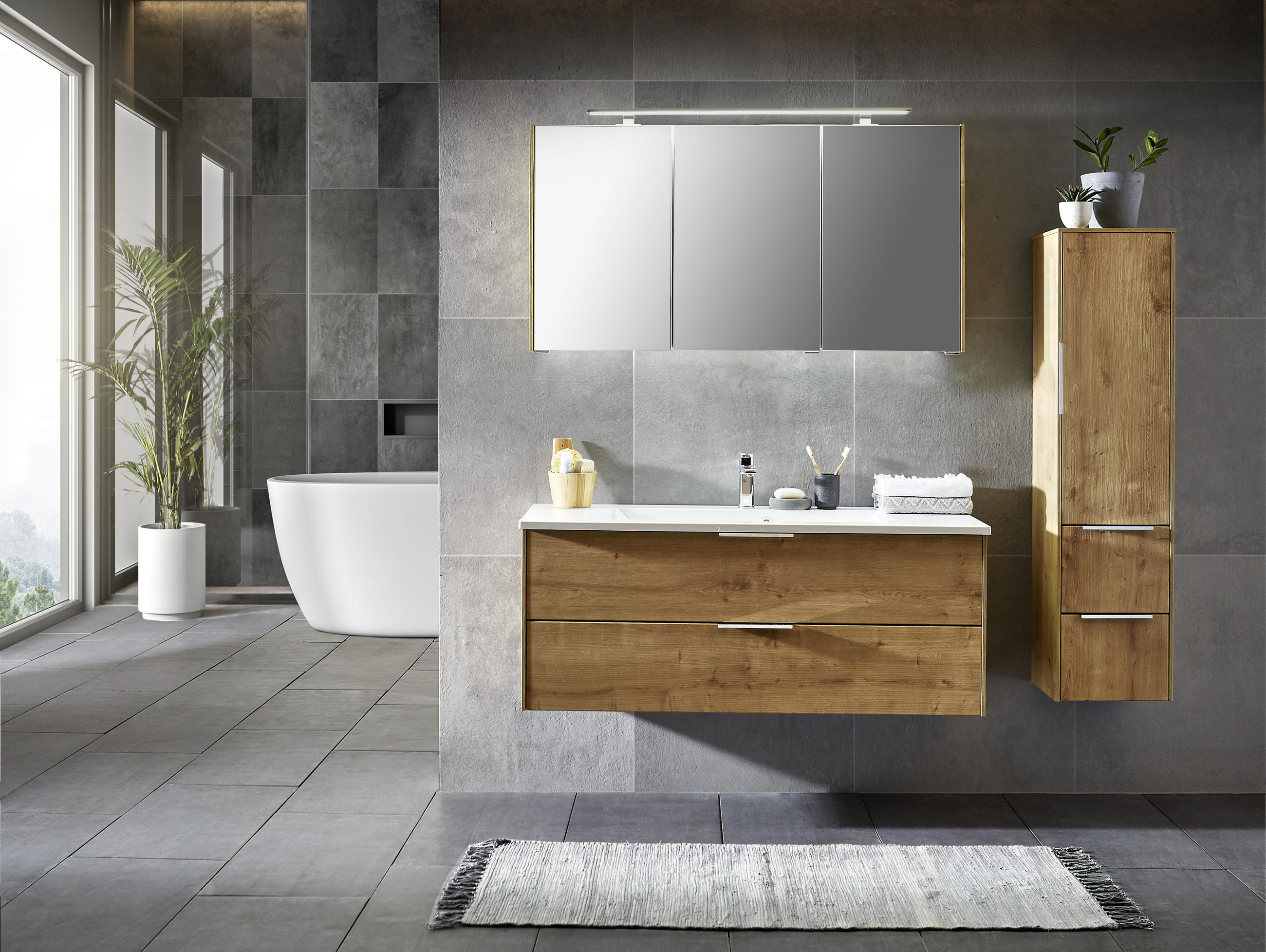 BADEZIMMER  in 123,2 cm  - Eichefarben/Weiß, KONVENTIONELL, Holzwerkstoff/Stein (123,2cm) - Novel