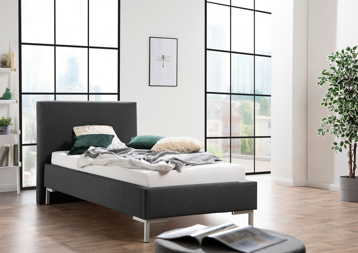 POLSTERBETT 100/200 cm,  in Anthrazit,  - Anthrazit/Silberfarben, MODERN, Textil/Metall (100/200cm) - Livetastic