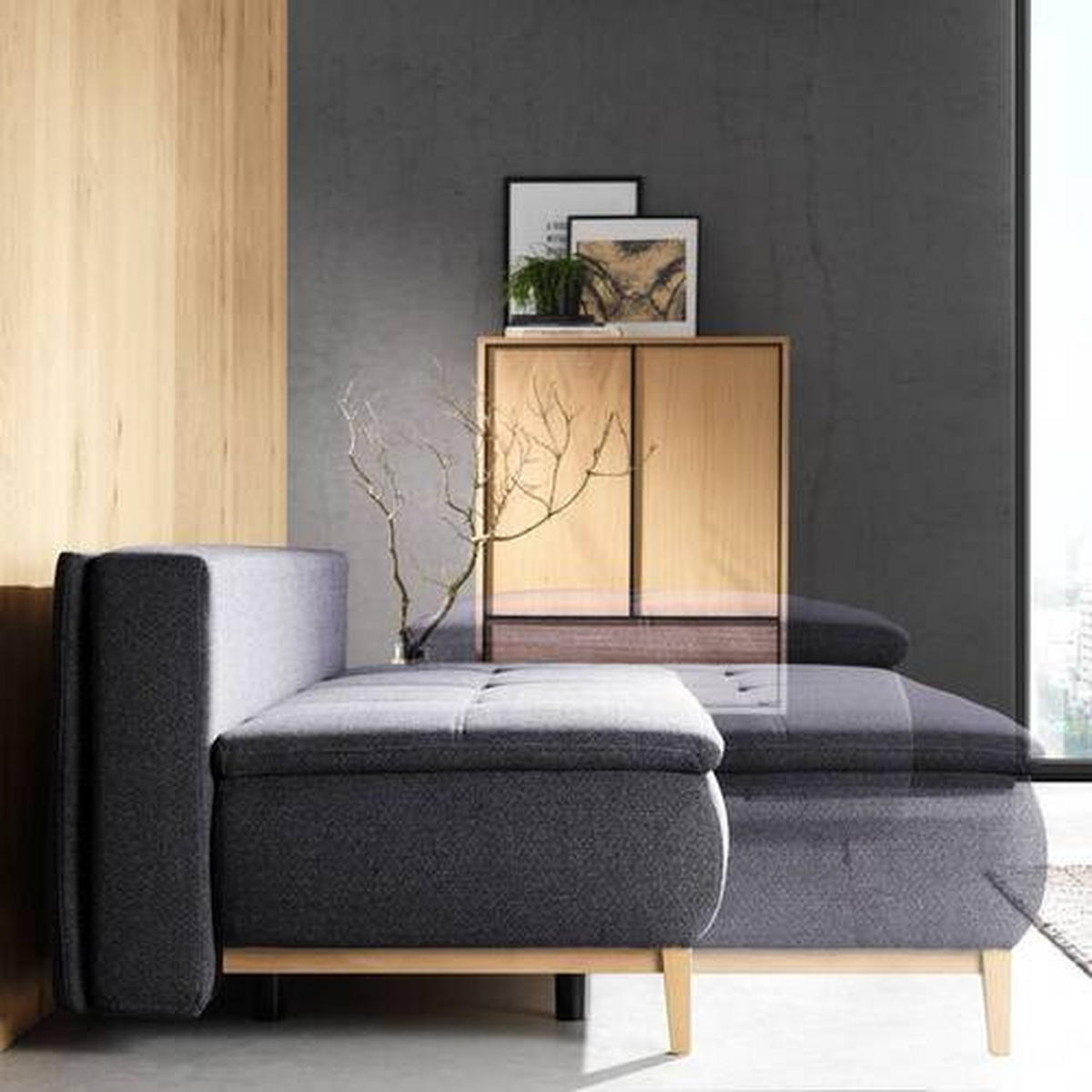 BOXSPRINGSOFA  mit Stoffauswahl, Schlafen auf Sitzhöhe Flachgewebe Dunkelgrau  - Eichefarben/Dunkelgrau, Design, Holz/Textil (202/78-93/100cm) - Carryhome