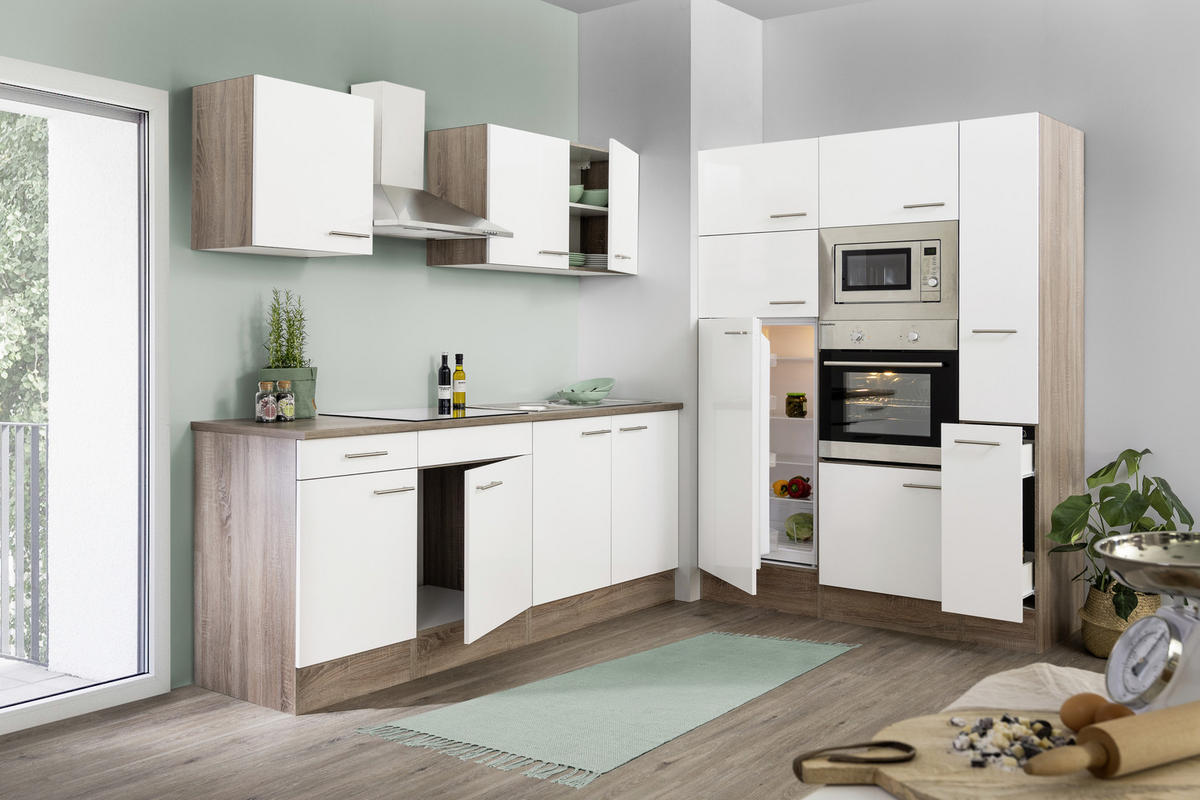 KÜCHENBLOCK 360 cm   in Weiss, Eichefarben  - Weiss/Edelstahlfarben, Design, Holzwerkstoff/Metall (360cm) - Respekta