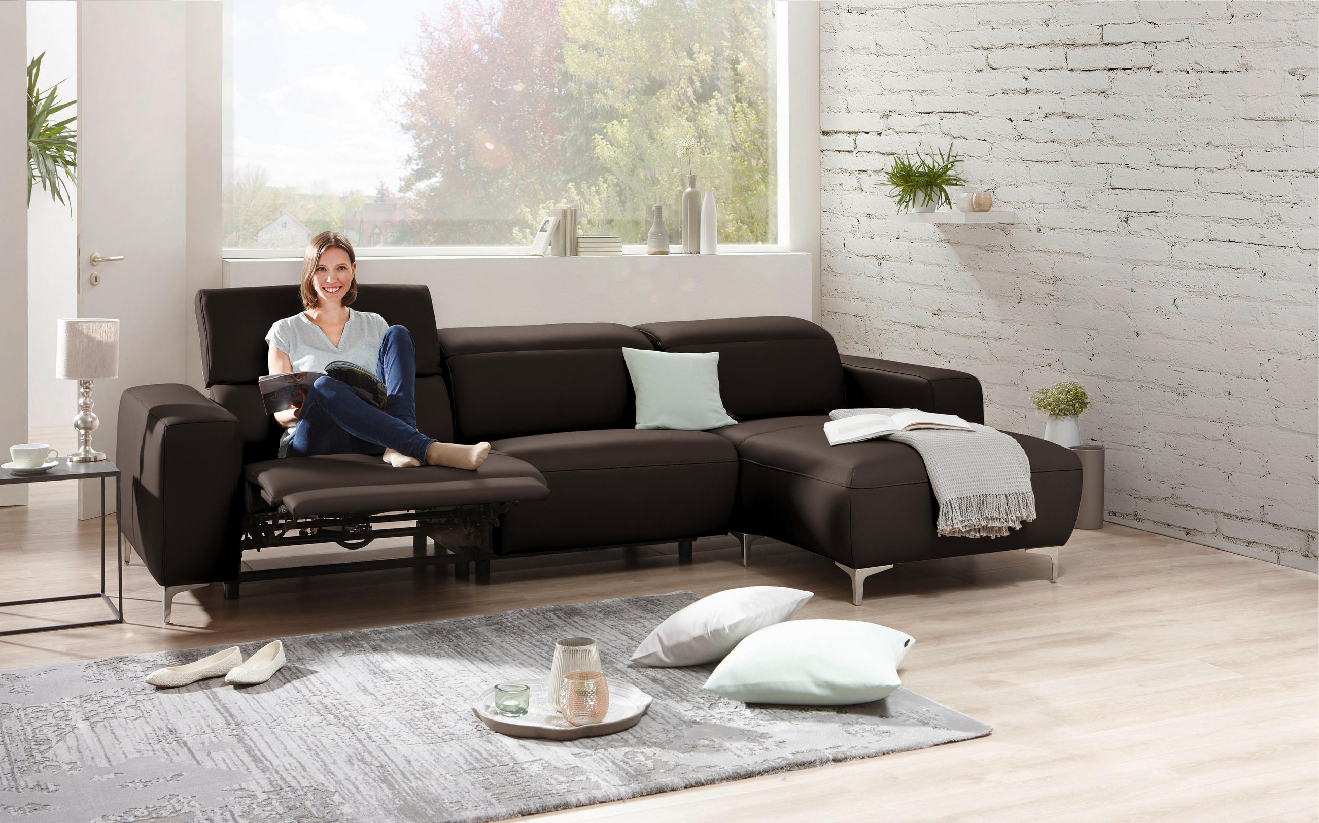ECKSOFA Dunkelbraun Echtleder  - Chromfarben/Dunkelbraun, Design, Leder/Metall (292/177cm) - Pure Home Lifestyle