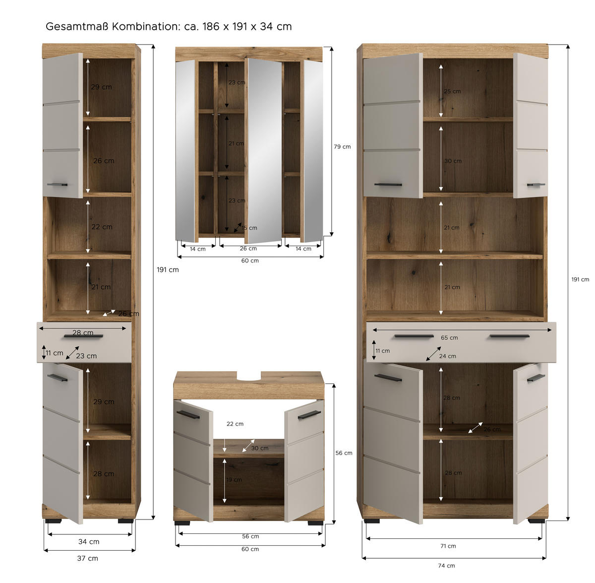 BADEZIMMER 4-teilig  in 171 cm  - Kaschmir/Schwarz, MODERN, Holzwerkstoff/Kunststoff (171cm) - MID.YOU