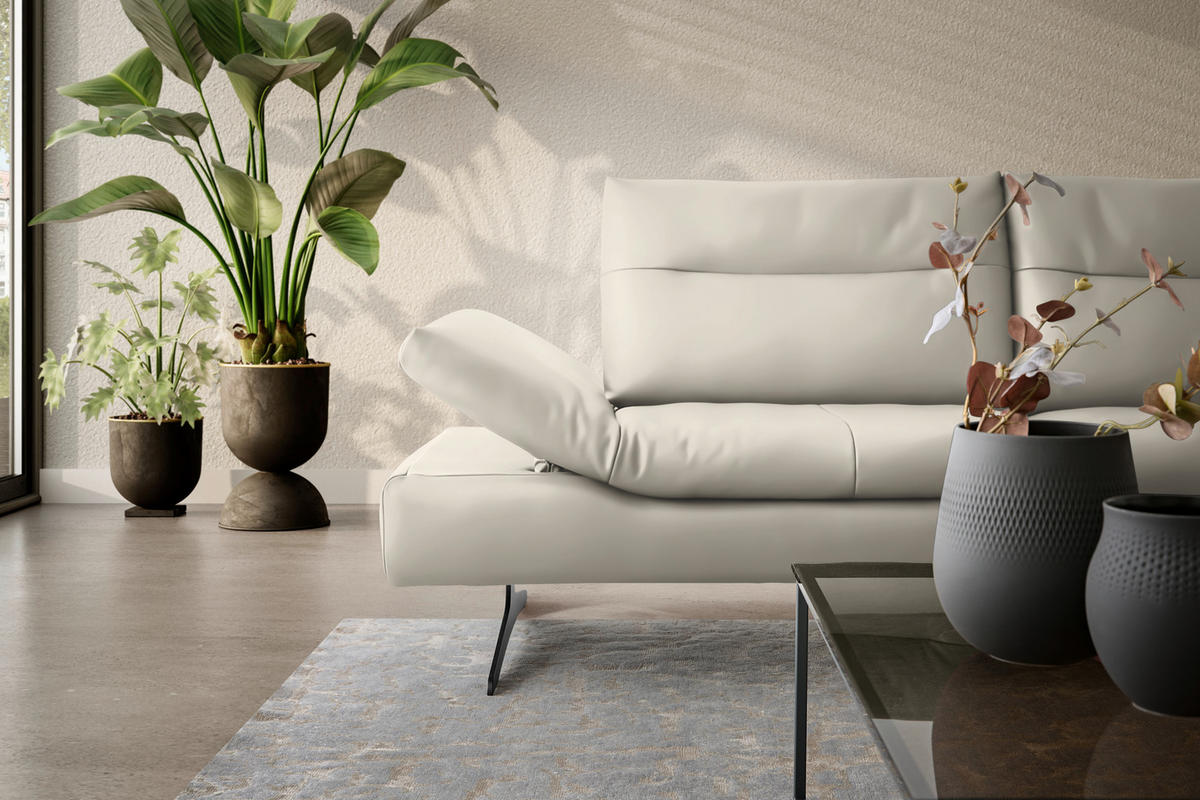 ECKSOFA in Echtleder Ecru  342/158 cm  - Ecru/Schwarz, MODERN, Leder/Metall (342/158cm) - Chilliano