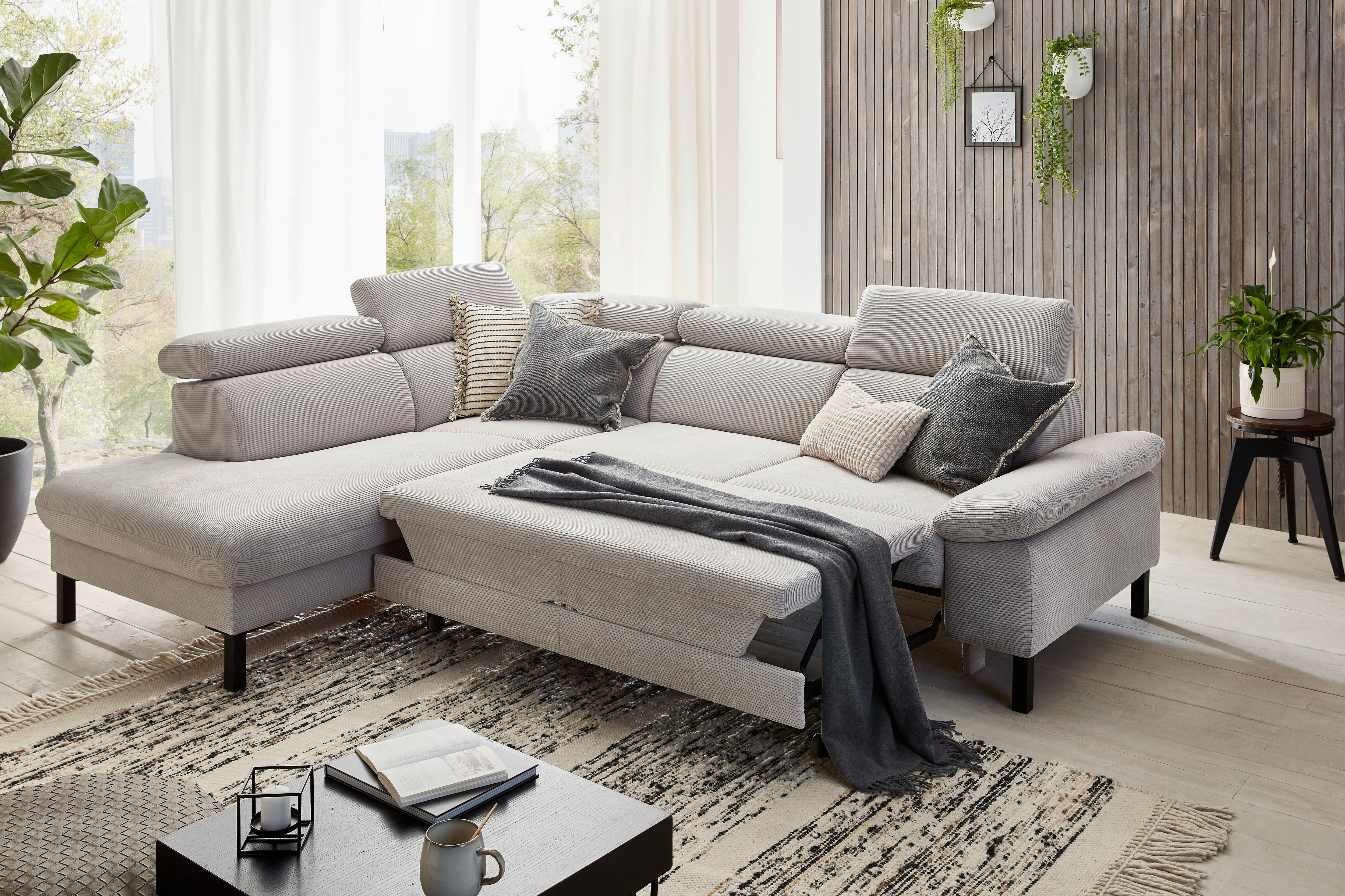 ECKSOFA inkl. Funktionen Grau Cord  - Schwarz/Grau, Design, Textil/Metall (217/272cm) - Pure Home Comfort