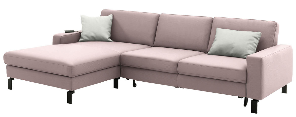 ECKSOFA  in Cord Rosa Rücken echt, Sitztiefenverstellung  185/298 cm  - Schwarz/Rosa, Design, Textil/Metall (185/298cm) - Pure Home Lifestyle