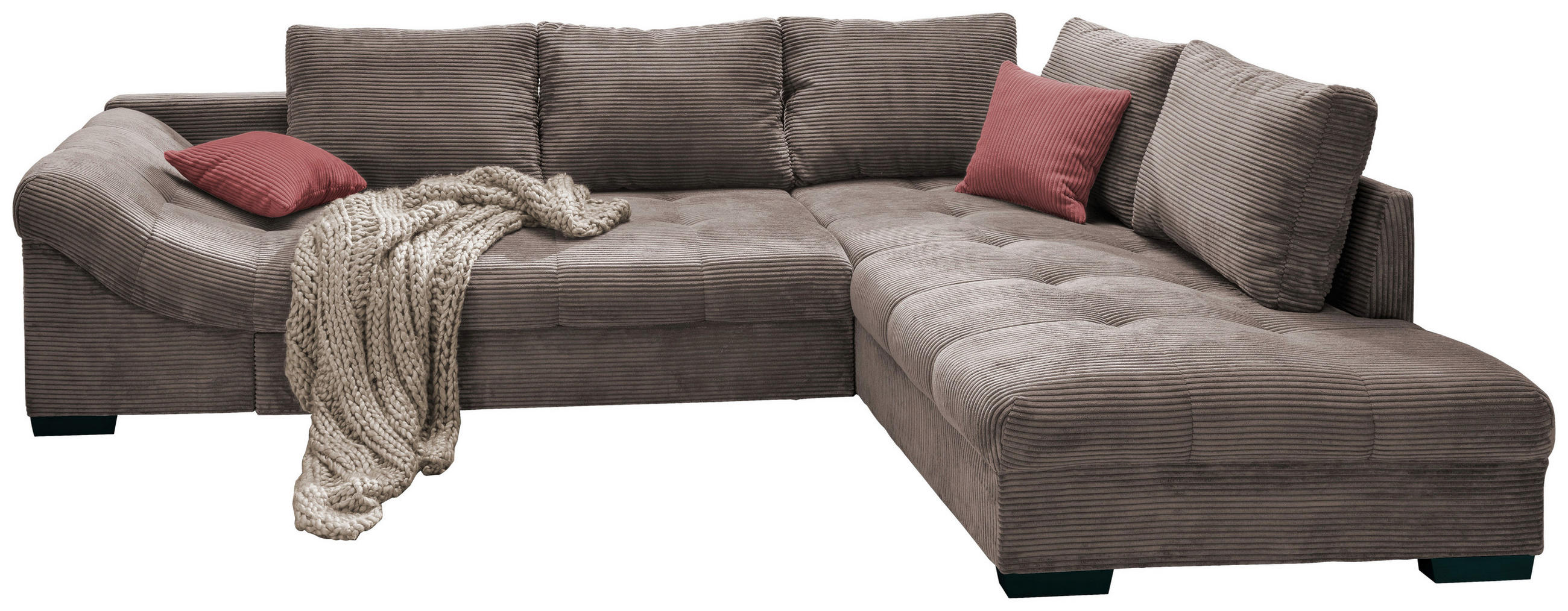 ECKSOFA Taupe Cord Zierkissen, Rückenkissen, Schlaffunktion, Rücken echt, Liegefläche im Originalstoff  - Taupe/Koralle, Design, Holz/Textil (298/202cm) - P & B