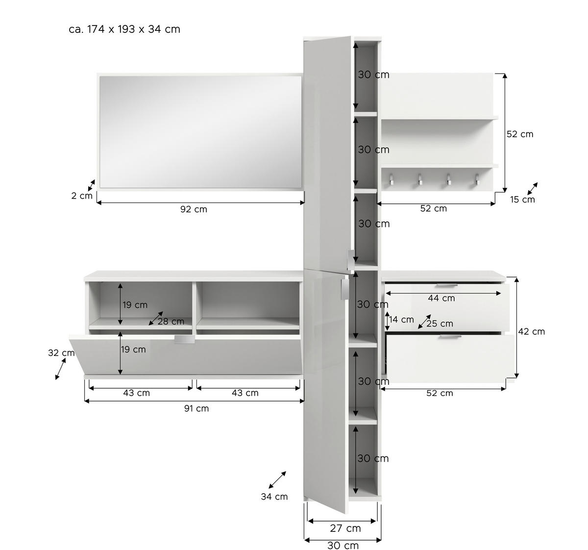 GARDEROBE 5-teilig  - Weiss Hochglanz/Weiss, Design, Holzwerkstoff (174cm) - Livetastic