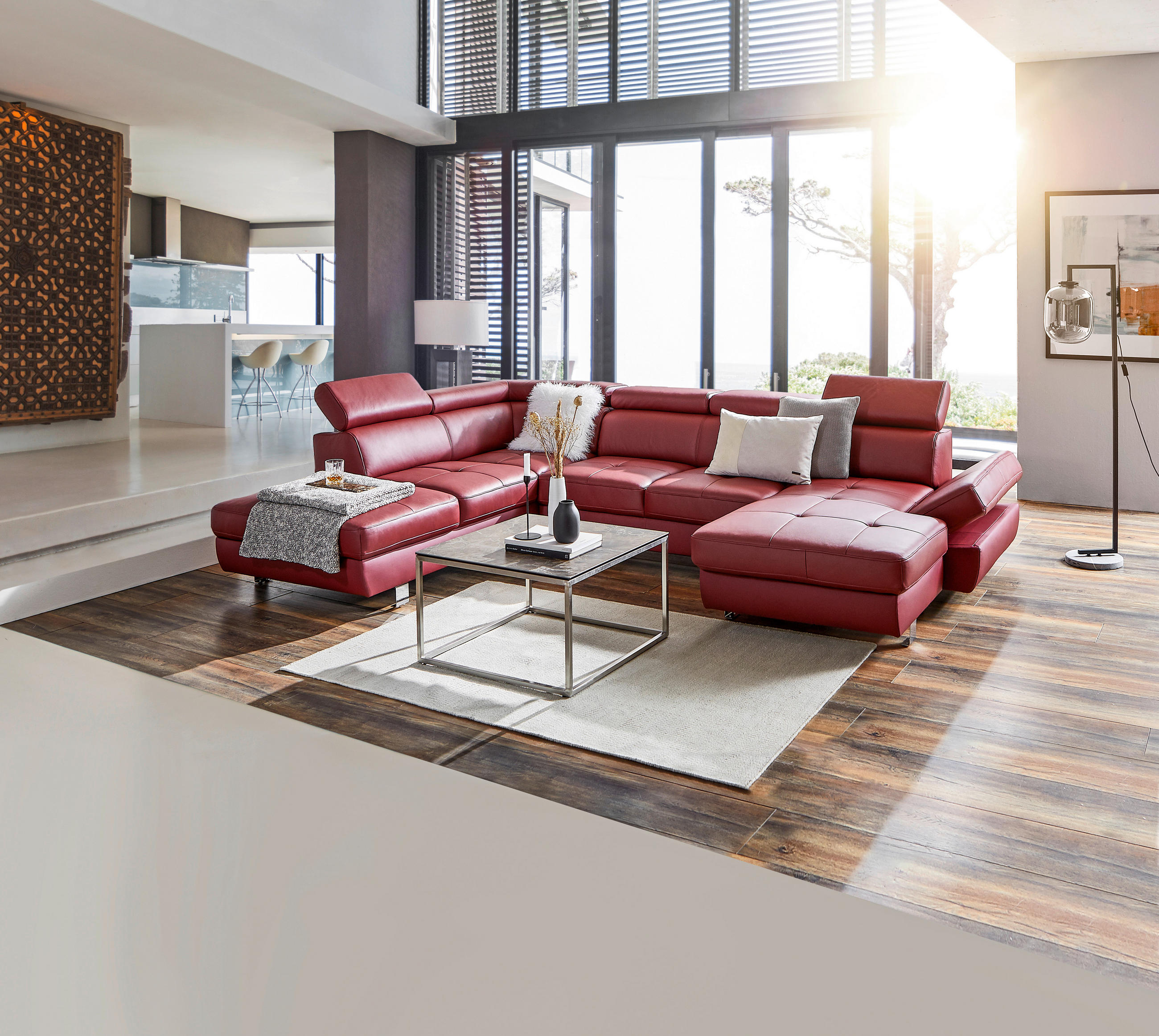 WOHNLANDSCHAFT Bordeaux Kombination Echtleder/Lederlook Lederlook  - Chromfarben/Bordeaux, Design, Leder/Textil (157/334/212cm) - Stylife