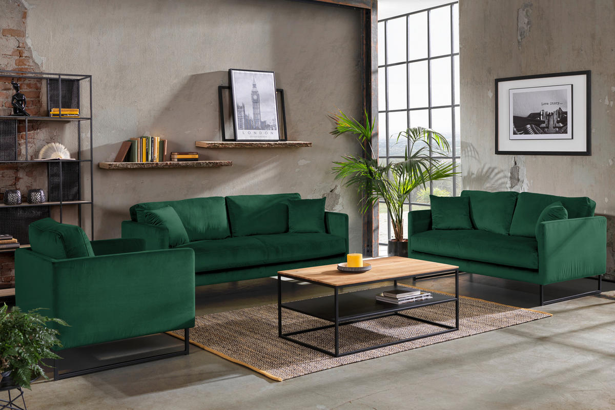2,5-SITS SOFFA i sammet mörkgrön  - svart/mörkgrön, Design, metall/textil (180/78/84cm) - Carryhome