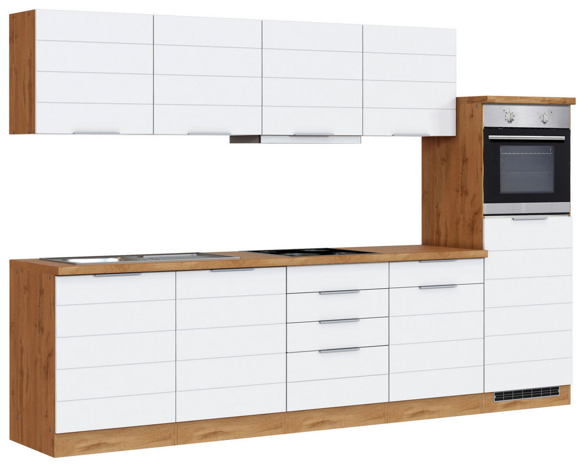 KÜCHENBLOCK 300 cm   in Eiche Wotan, Weiß  - Eiche Wotan/Weiß, Design, Holzwerkstoff/Metall (300cm) - Held